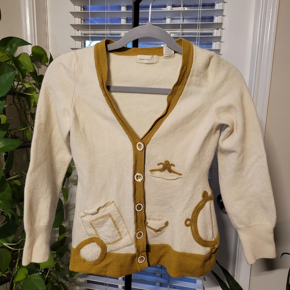 Sleeping on Snow Anthropologie Wool Cardigan Cream Mustard Yellow Embroidered S